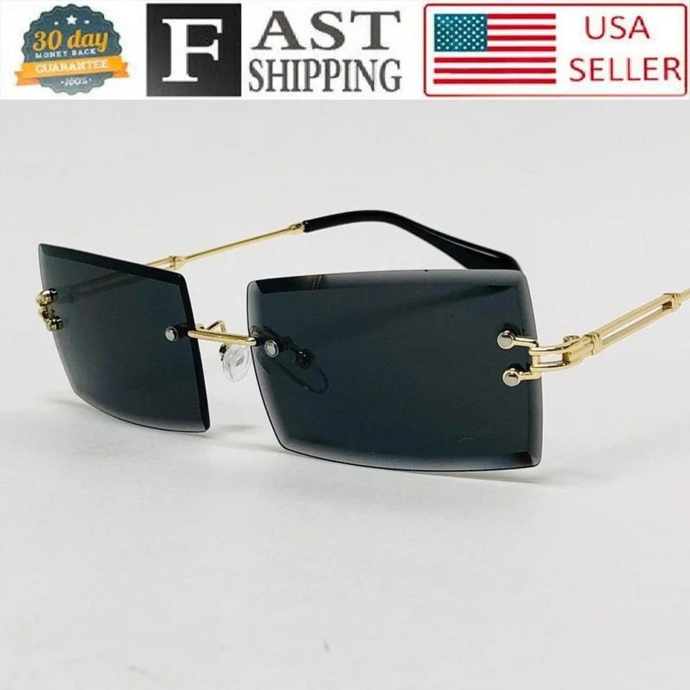 Rimless Rectangle‎ Sunglasses Men Women Fashion Trendy Shades Style Dark Black
